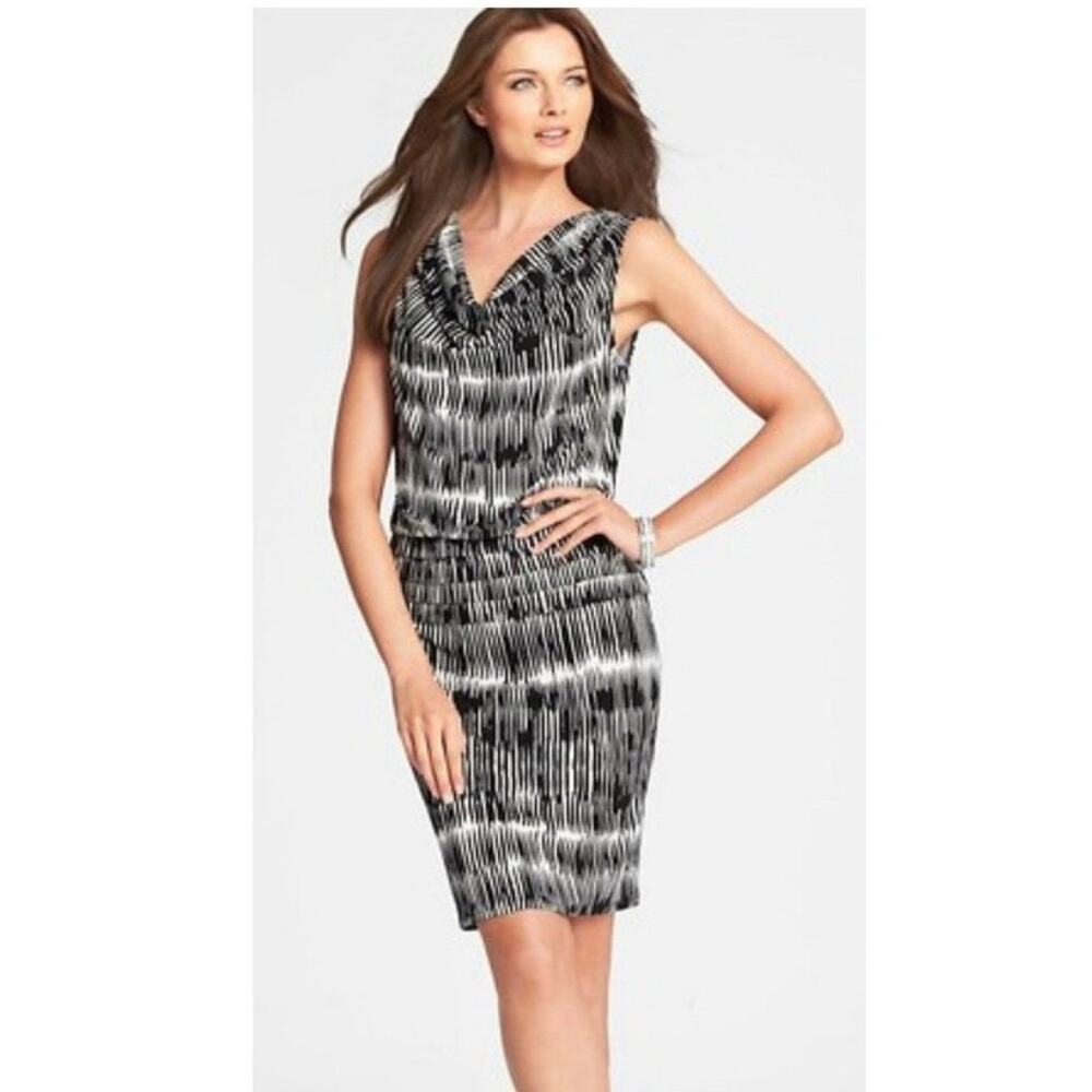 Ann Taylor Black Cream Ikat Cowl Neck Dress Size S Small